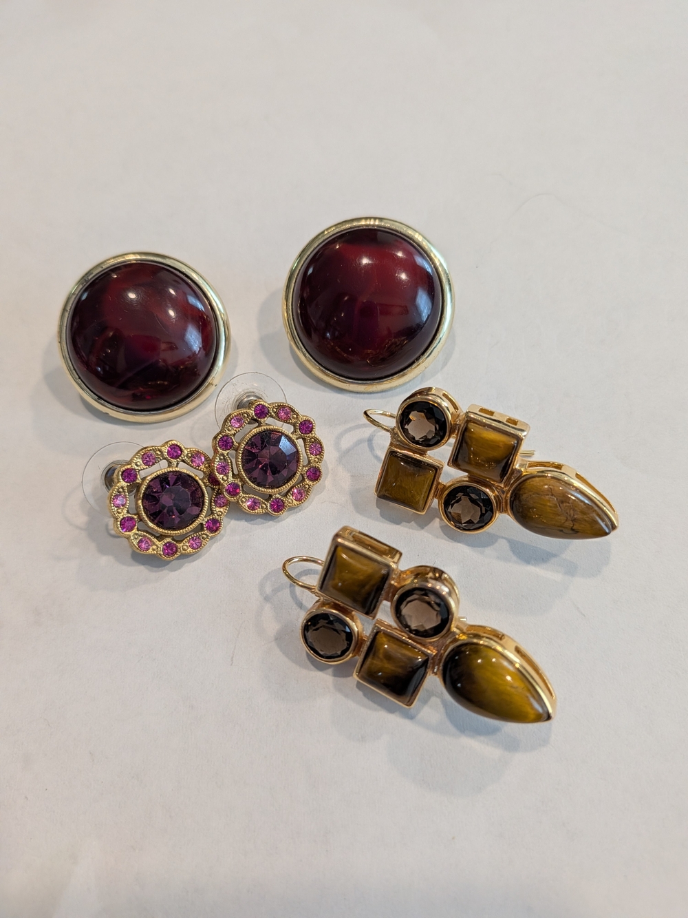 Gold-Tone Tiger Eye Drop Earrings and Burgundy Clip-On Earrings Set Of 3 Pairs